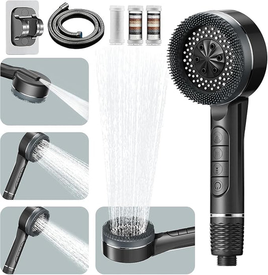 Filtered Shower Head with Handheld, Multi-Mode High Pressure Shower Heads with 60 Inch Shower Hose, Hard Water Filtered Showerhead with ON/OFF Switch to Clean Corner, Tub and Pets, Dark Gray