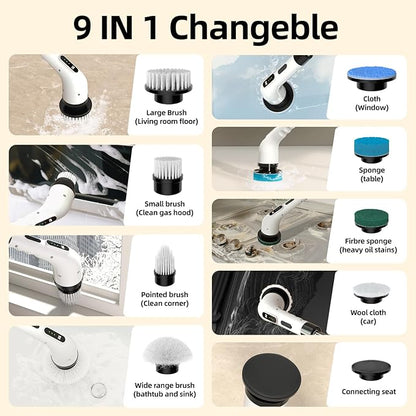 Electric Spin Scrubber for Cleaning, 9 in 1 Changeable Bathroom Scrubber with Power Display, Long Cordless Cleaning Brush, Cordless Shower Cleaner Brush for Bathtub Kitchen Wall Cleaning