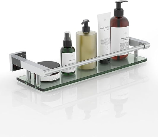 Glass Shelves for Wall, Chrome Stainless Steel & Tempered Glass Glass Shelf for Bathroom, Shelf Sink Over Toilet Bathroom Organizer (16-inch, Polished)