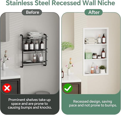 Stainless Steel Recessed Medicine Cabinet 14''*24'', Rust-Proof Metal Wall Niche, in Wall Shower Niche Shelf Insert Replacement, Recessed Medicine Cabinets for Drywall, Bathroom Storage, White