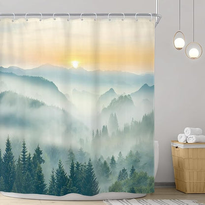 Riyidecor Extra Long Mountain Shower Curtain 72Wx84H Inch Green Yellow Sunrise Sunset Misty Scenery Landscape Nature Woodland Greenery View Bathroom Decor Fabric Polyester Waterproof 12 Pack Hooks