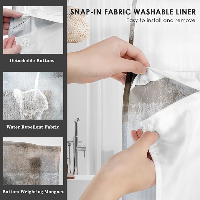 No Hook Grey Brown Painting Shower Curtain with Snap in Fabric Liner Set, Gray Abstract Double Layers Waterproof Fabric with See Through Top Window Open Grommet Bath Curtain 71x74 Inch