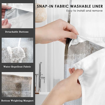 No Hook Grey Brown Painting Shower Curtain with Snap in Fabric Liner Set, Gray Abstract Double Layers Waterproof Fabric with See Through Top Window Open Grommet Bath Curtain 71x74 Inch