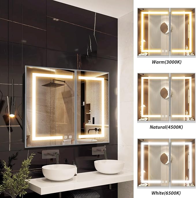 APRILSOUL 36X30 Inch Silver Bathroom Medicine Cabinet with Mirror, Recessed or Surface Lighted Medicine Cabinet with 3 Colors Temperature, Dimmable Light