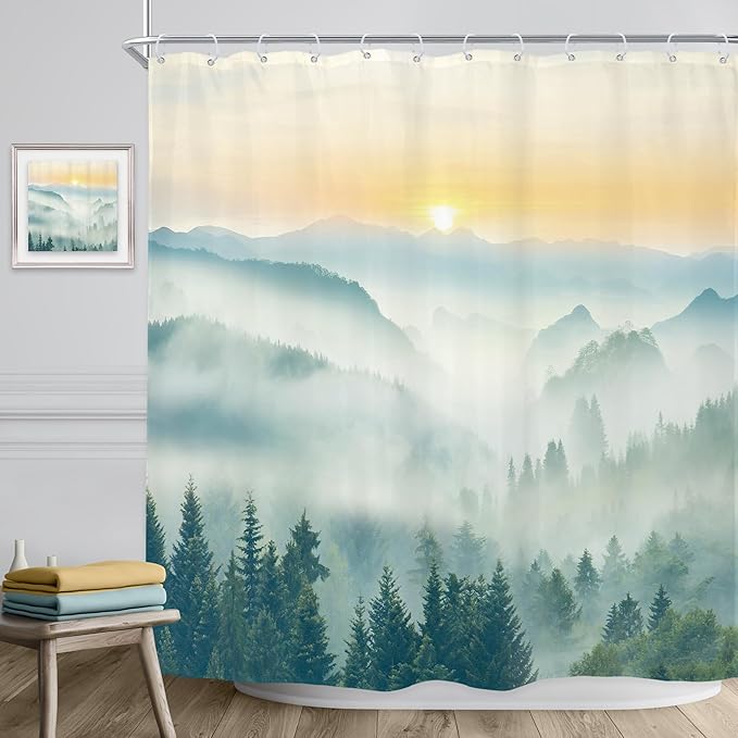 Riyidecor Mountain Shower Curtain 72Wx72H Inch Green Sunrise Sunset Scenery Landscape Tree Nature Pine Scenic Woodland Greenery View Bathroom Decor Fabric Polyester Waterproof 12 Pack Hooks