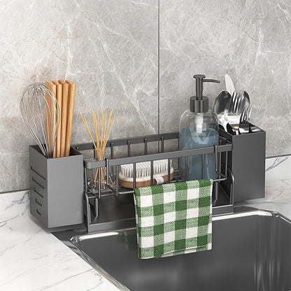 Kitchen Sink Caddy Organizer, Sponge Holder for Kitchen Sink with Drain Tray, 3 Compartments Utensil Drying Rack, Kitchen Utensils Holder with Towel Bar, Kitchen Countertop Organizers