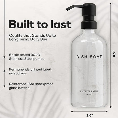 Clear Glass Hand and Dish Soap Dispenser Set by Brighter Barns - Kitchen Soap Dispenser Set & Pump - Glass Bottles for Kitchen Sink - Neutral Home Decor, Modern Farmhouse Bathroom Accessories (Clear)