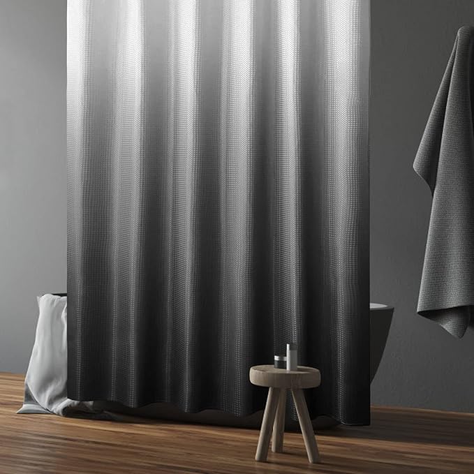 Gibelle Black Shower Curtain, Waffle Weave Ombre Fabric Shower Curtain for Bathroom, Black and White Gradual Color Washable Cloth Bathroom Curtains Shower Set with Hooks, 72 x 72