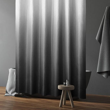 Gibelle Black Shower Curtain, Waffle Weave Ombre Fabric Shower Curtain for Bathroom, Black and White Gradual Color Washable Cloth Bathroom Curtains Shower Set with Hooks, 72 x 72