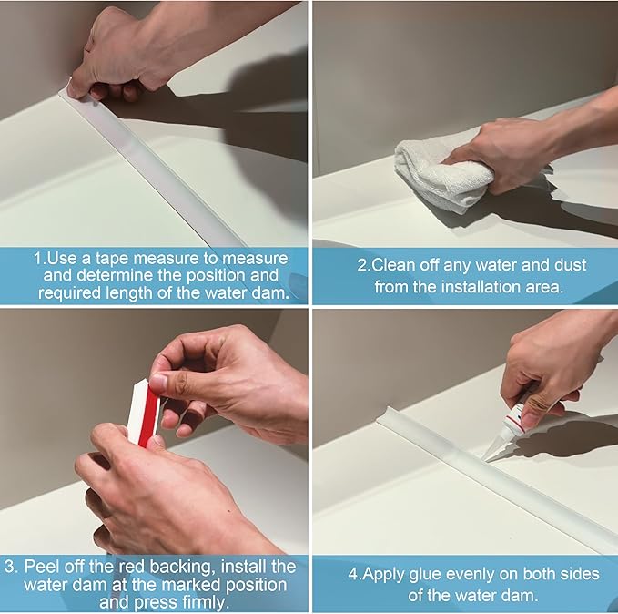 67Inch Shower Threshold Water Dam, Self-Adhesive Silicone Shower Barrier Water Stopper Shower Door Bottom Seal Strip Shower Splash Guard for Bathroom Kitchen Bathtub