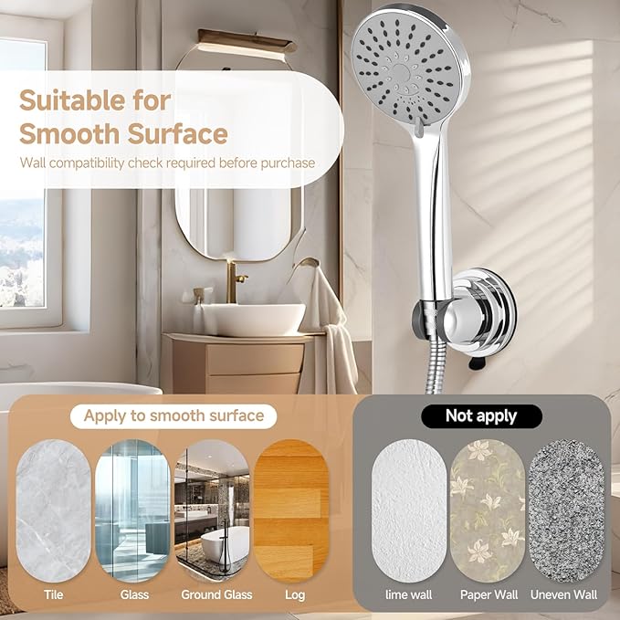 Shower Head Holder, Removable Shower Head Holder Suction for Hanheld Shower Head No Drill Wall Mount Holder Chrome Universal 360° Adjustable Suction Holder