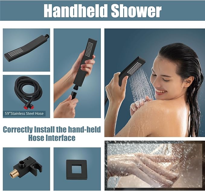 Aolemi Matte Black Ceiling Mount Rain Shower Head with Handheld Spray and High Pressure Faucet Set, Includes 16 Inch Shower Head and Trim Kit