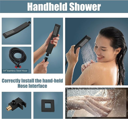 Aolemi Ceiling Mount Shower System Rain Shower Head with Handheld Spray High Pressure Shower Faucet Set Rough-in Valve Shower Trim Kit Included Bathroom Matte Black 10 Inch Ceiling Shower Head