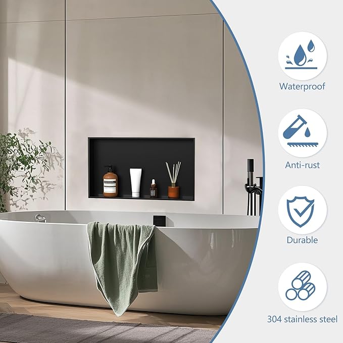 Homevacious Shower Niche 28" X 16" Stainless Steel No Tile Needed Matte Black Bathroom Shelf Rimless Recessed Wall Niche for Bathroom Storage