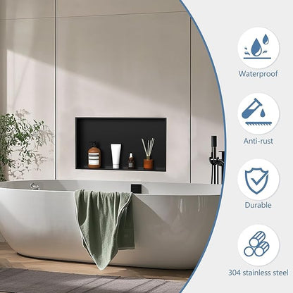 Homevacious Shower Niche 28" X 16" Stainless Steel No Tile Needed Matte Black Bathroom Shelf Rimless Recessed Wall Niche for Bathroom Storage