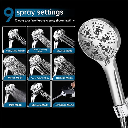 Shower Head with Handheld Spray Combo 2 in 1 Rainfall High Pressure with 59" Rotatable Stainless Steel Hose 9 Spray Modes Detachable Silver