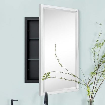 TEHOME Chrome Recessed Bathroom Medicine Cabinet with Mirror Squared Cornered Rectangle Metal Framed Medicine Cabinet with Beveled Mirror 16x24''