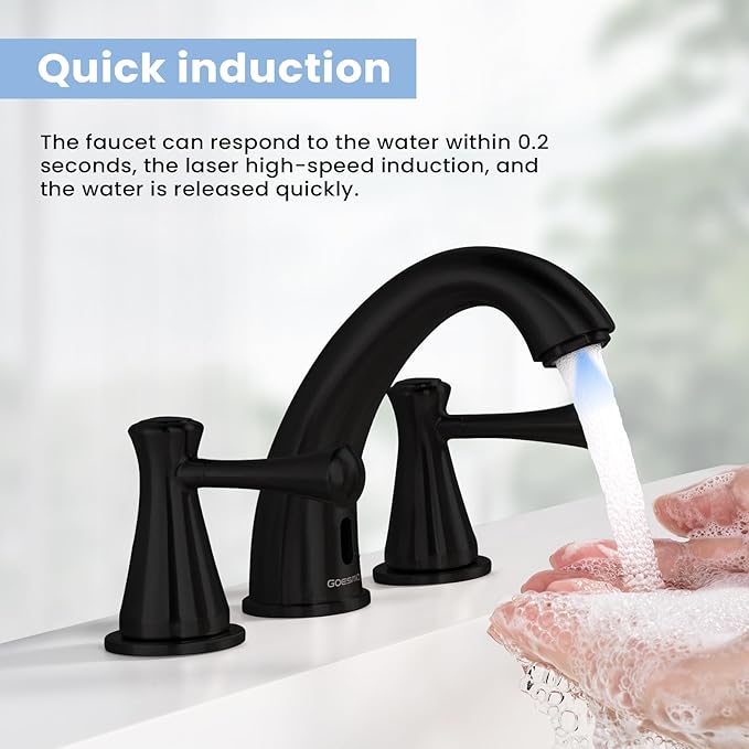 Touchless Bathroom Faucet for 3 Holes 3 Handles, Controlling Temperature & Adjustable Water Flow, Short & Long Induction Modes, Auto Motion Sensor Bathroom Faucet Set Metal Matte Black 29180