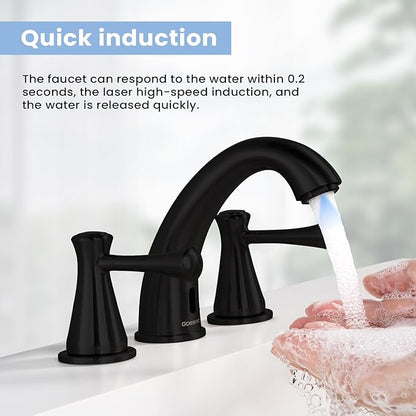 Touchless Bathroom Faucet for 3 Holes 3 Handles, Controlling Temperature & Adjustable Water Flow, Short & Long Induction Modes, Auto Motion Sensor Bathroom Faucet Set Metal Matte Black 29180