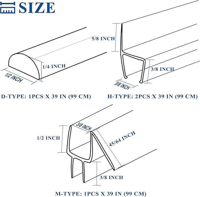 Frameless Shower Door Seal Set 4 Pack x 39 Inch HDM Glass Shower Door Bottom Seal Side Seal Strip Door Sweep for 3/8" Glass Ultra-Clear Polycarbonate Stop Shower Leaks Create A Water Barrier