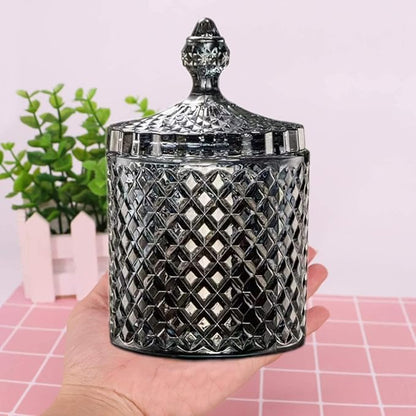 Colorful Home Decorative Jar Qtips Holder Dispenser Glass Storage Container Bathroom Counter Vanity Organizer for Bath Salts/Swabs/Rounds Makeup Sponges Toothpick Jewelry(Black Silver,L)