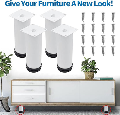 6 Inch Metal Furniture Legs Stainless Steel Adjustable Legs White Metal Legs Round Cabinet Legs for Coffee Table Cabinet Desk Sofa Shelves, Pack of 4