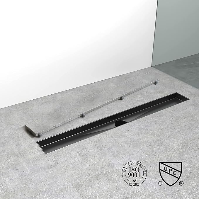 Linear Shower Drain, 60 inch Black Drain with Tile Insert 2-in-1 Panel, Brushed 304 Stainless Steel Shower Floor Drain, Linear Drain with Hair Strainer and Adjustable Feet