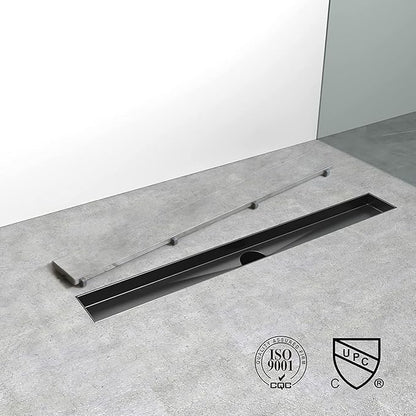 Linear Shower Drain, 72 inch Black Drain with Tile Insert 2-in-1 Panel, Brushed 304 Stainless Steel Shower Floor Drain, Linear Drain with Hair Strainer and Adjustable Feet