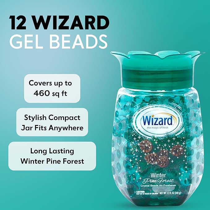 12 WIZARD Odor Eliminator Gel Beads - 12 oz, Air Freshners For Bathroom, Rooms, Per Areas and Car Freshner - Winter Pine Forest
