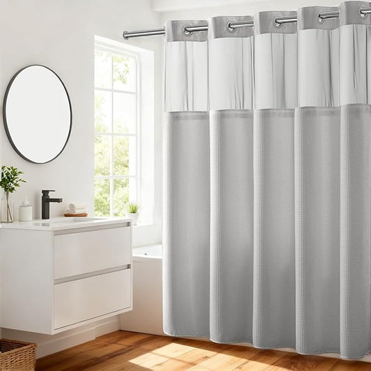 River Dream No Hooks Required Dotted Light Grey Shower Curtain with Snap in Liner - 71" W x 74" H,Hotel Grade,Spa Like Bath Curtain