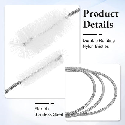 HARFINGTON 3pcs Flexible Long Drain Brush Straw Cleaner Set 61.02" Stainless Steel Double Ended Hose Brush with 8" Nylon Long Tube Pipe Cleaning for Fish Tank Sink Pipe, White