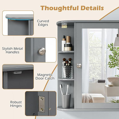RELAX4LIFE Bathroom Wall Cabinet with Mirror - Medicine Cabinet w/Door & Open Shelves, Over The Toilet Storage Cabinet Organizer, Mirrored Bathroom Cabinet Wall Mount (Grey)