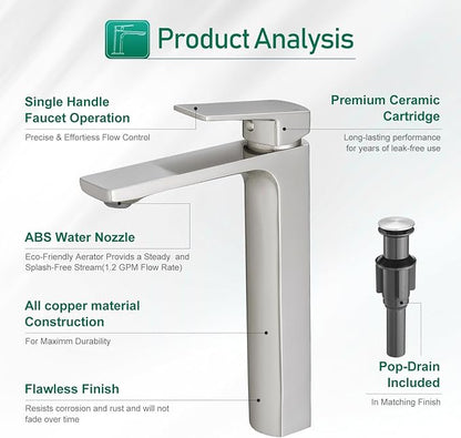 VOTON Brushed Nickel Vessel Sink Faucet Single Handle Tall Bathroom Sink Faucet Vanity Bathroom Faucet Basin Mixer Tap with Water Supply Hose and Pop Up Sink Drain