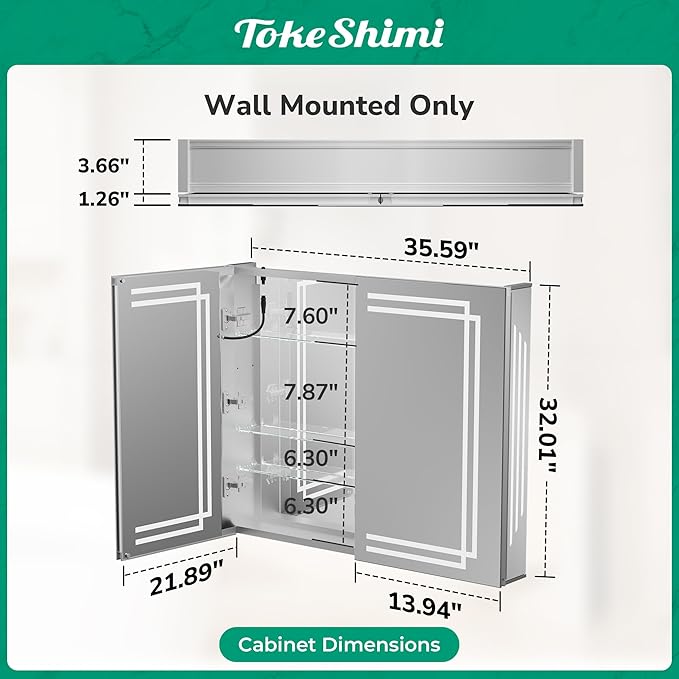 TokeShimi 36 x 32 Bathroom Medicine Cabinet with Lighted Mirror Tempered, LED Medicine Cabinet Mirror with 3 Colors Dimmable, CRI 80+, Anti-Fog, Memory Funtion, Wall Make up Mirror with Storage