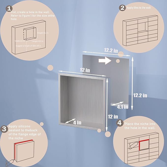 No Tile Needed Shower Niche for Bathroom Storage,Recessed Wall Niche,Shower Shelf,Stainless Steel (Brush, 12 * 12 in)
