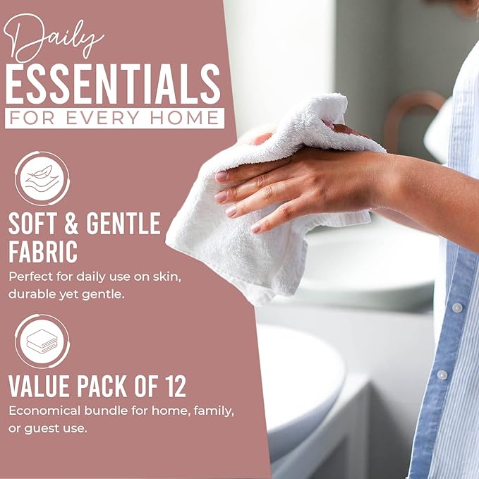 DAN RIVER 12 Pack Wash Cloths for Showering [12x12] - 100% Cotton Washcloths Premium Quality Flannel Face Cloths for Bathroom, Highly Absorbent and Soft Feel Wash Clothes, Dusty Pink