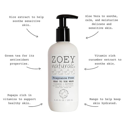 Absolutely Natural Zoey Naturals Fragrance-Free Head to Toe Baby & Toddler Wash – Tear-Free Body Wash and Shampoo with Gentle pH for Sensitive Skin – 9.65 oz