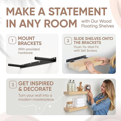 Homeforia Wood Floating Shelf 16 inch, High End Solid Natural Wood 16inch Floating Shelves for Wall Mounted, Unfinished Wooden Small Floating Shelves, Heavy Duty Bracket, 16 X 6.5 X 1.75 in, Set of 4