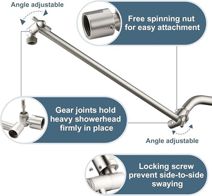 BRIGHT SHOWERS 15 Inch Extra Long Shower Head Extension Arm, Solid Brass Shower Arm Extender with Locking Screw for Rain and Handheld Showerhead, Height & Angle Adjustable, Brushed Nickel