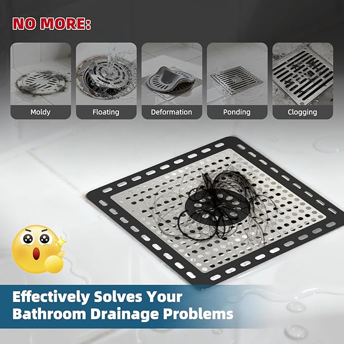 Hibbent Upgraded Shower Drain Hair Catcher, Shower Drain Cover for Bathroom Floor 6" Drain, Anti-Clogging Bathtub Drain Strainer, Stainless Steel Kitchen Sink Drain Strainer with Handle, Black