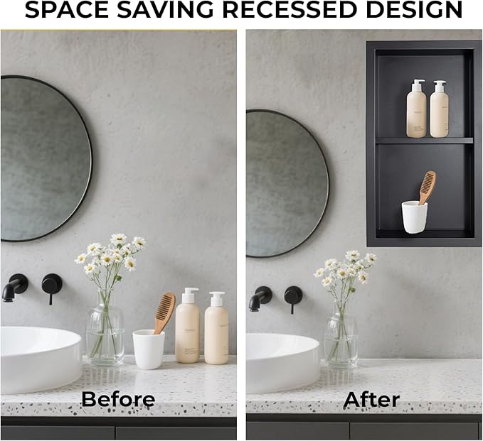 Stainless Steel Shower Niche No Tile Needed Recessed with Two-Tier Shelves, 24" x 12" Recessed Wall Niche Shelf for Bathroom Storage Black
