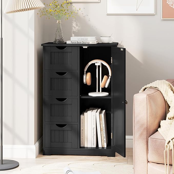 Tangkula Bathroom Floor Cabinet, Freestanding Storage Cabinet with 4 Drawers & Single Door, Adjustable Shelf, Multipurpose Bathroom Storage for Home Office, 21.5 x 12 x 32.5 Inches (Black)