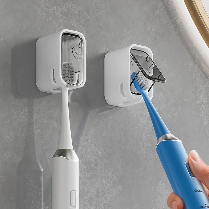 Toothbrush Holders for Bathrooms, 2PCS Innovation Single Slot Toothbrush Holder Wall Mounted with Cover for Shower, Single Toothbrush Dispenser Storage Organizer for Family & Travel
