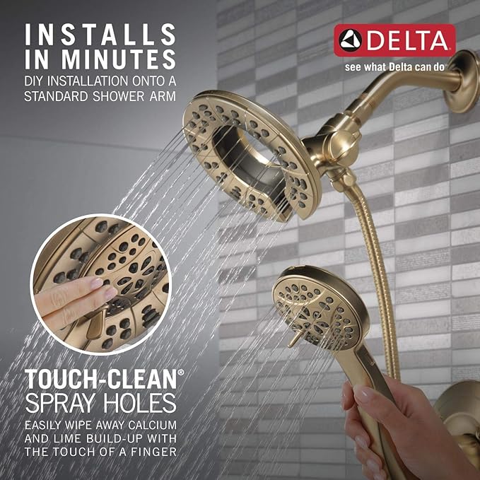 Delta Arvo 14 Series Brushed Gold Shower Faucet Set with In2ition 2-in-1 Dual Shower Head with HandHeld Spray Combo, Valve Trim Kit, Champagne Bronze 142840-CZ-I (Valve Included)