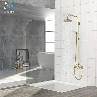 Antique Brass Shower System Bathroom Shower Faucet Set with 8 Inch Rainfall Shower Head Handheld Spray 2 Cross Handles Wall Mounted Outdoor Shower Fixtures Solid Brass