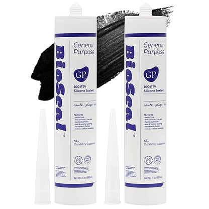 Black BioSeal 100% Silicone Sealant Caulk General Purpose, Waterproof and No Odor 10.1 Ounce Cartridge -Black 2 Set