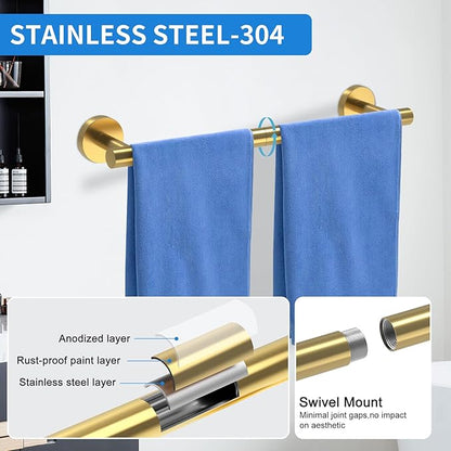 Brushed Gold Bathroom Accessories, Bathroom Hardware Set, SUS304 Stainless Steel Bathroom Towel Holder Set, 24 Inch Towel Bar Set 5 Pcs, 2 Towel Hooks, Toilet Paper Holder, Towel Ring