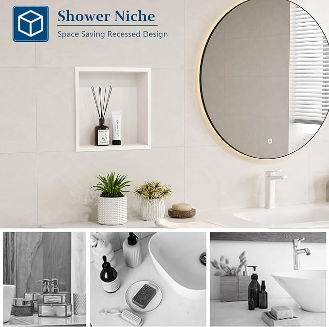 Neodrain White Shower Niche, Insert Storage Shower Shelf (Outside Size 13.1”X13.1“)(Inner Size 12" X 12"), Stainless Steel Wall Shelf No Tiled Recessed Niche Shower for Storage