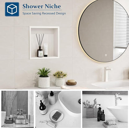 Neodrain White Shower Niche, Insert Storage Shower Shelf (Outside Size 13.1”X13.1“)(Inner Size 12" X 12"), Stainless Steel Wall Shelf No Tiled Recessed Niche Shower for Storage
