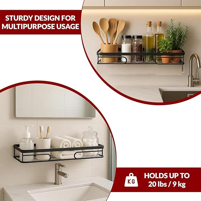 2-Pack Corner Shower Caddy – Rust-Resistant Wall-Mounted Bathroom Organizer with Included No-Drill Adhesives for Shampoo, Soap & Toiletries - Black (1-Layer, Rectangle)